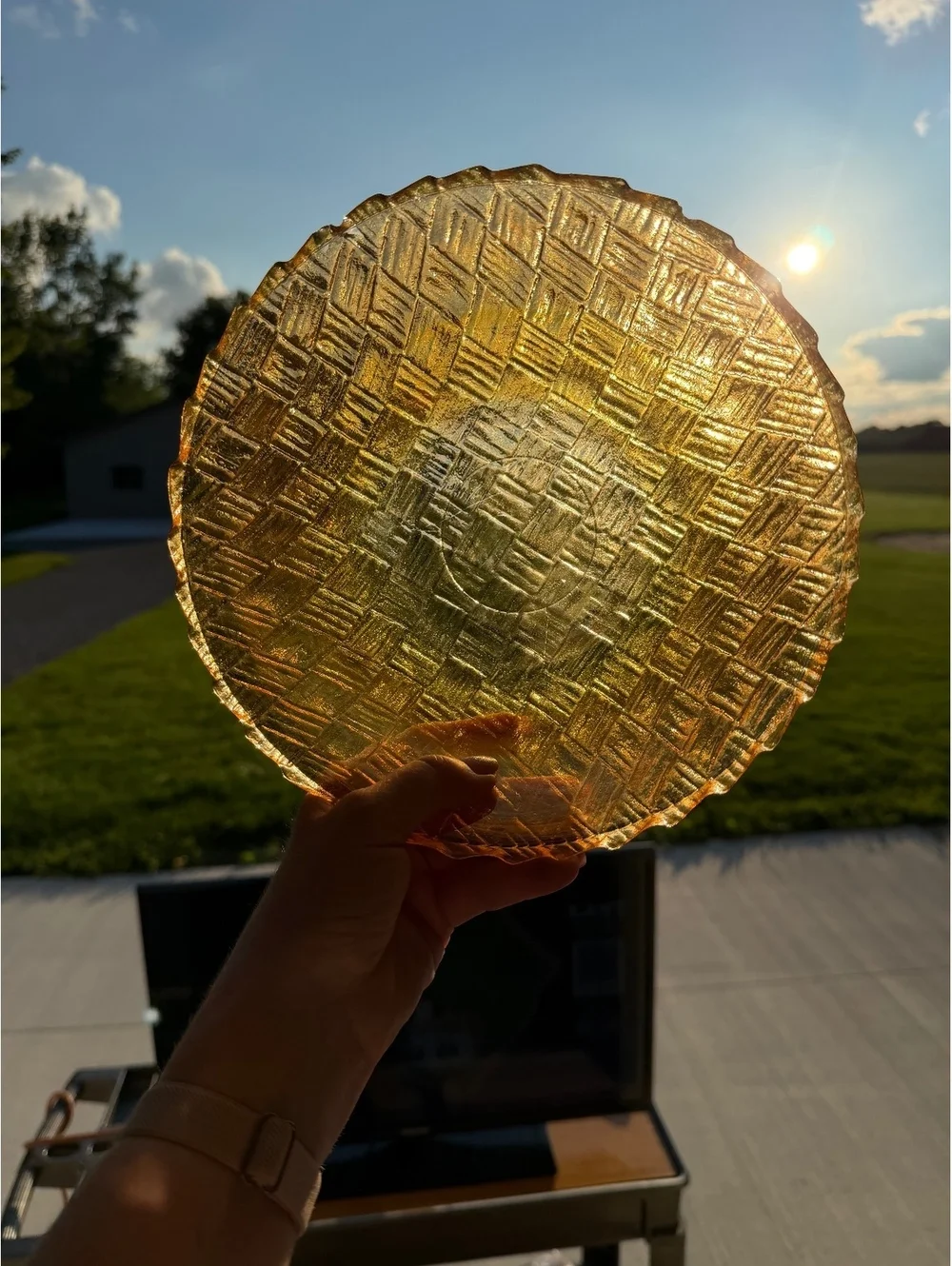 Imperial Basketweave Amber Carnival Glass 8” Serving Bowl Iridescent Vintage